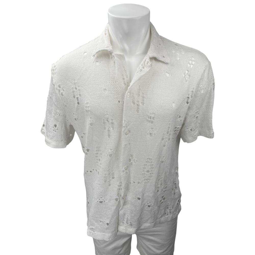 Zara Men's White Eyelet Knit Short Sleeve Button Up Sweater Shirt Top Size L